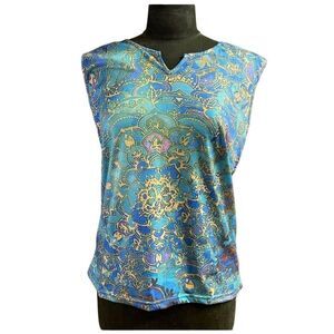 MISSLOOK Womens Floral Cotton Blend Sleeveless Size Medium Teal Multicolor
